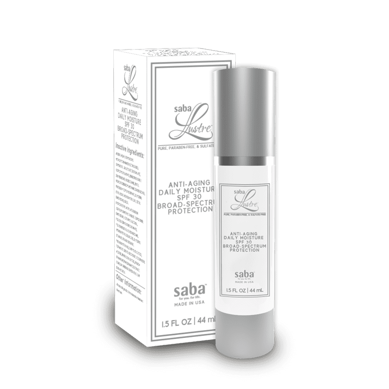 Saba Lustre Anti-Aging Daily Moisturizer SPF 30 – pure, paraben-free, sulfate-free moisturizer with broad-spectrum sun protection made in the USA.